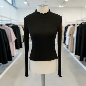 American Eagle Black Ribbed Mock Neck Top Size S Lettuce Hem Fitted Long Sleeve